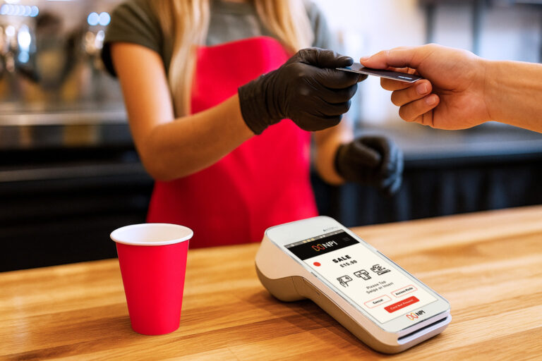 Customer making contactless payment with PAX A920 PRO payment terminal leasing UK card machine at retail counter