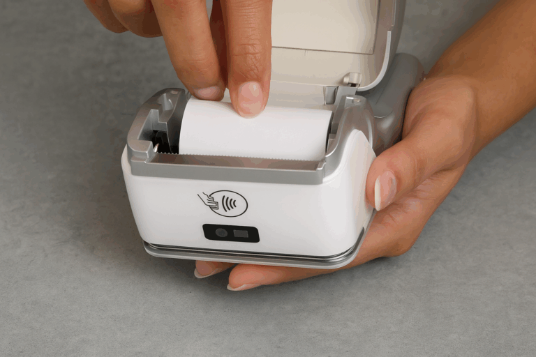 Card machine troubleshooting UK person replacing PAX A920 PRO paper roll