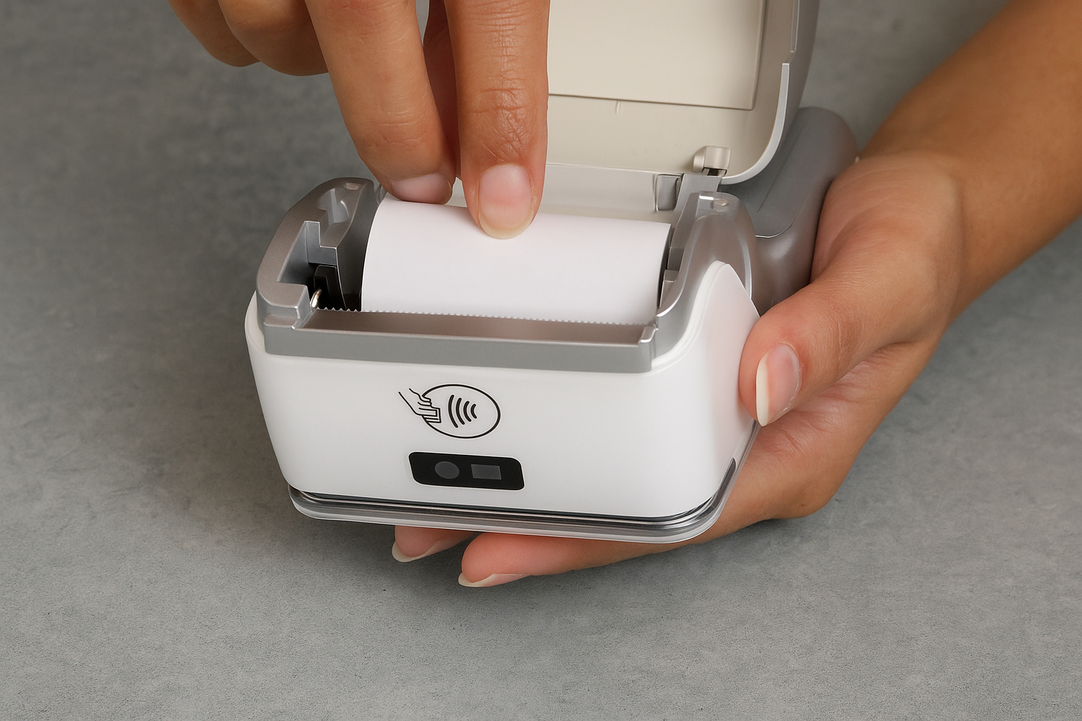 Card machine troubleshooting UK person replacing PAX A920 PRO paper roll