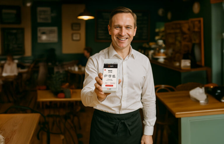 No contract card machines waiter holding PAX A920 PRO in British cafe environment