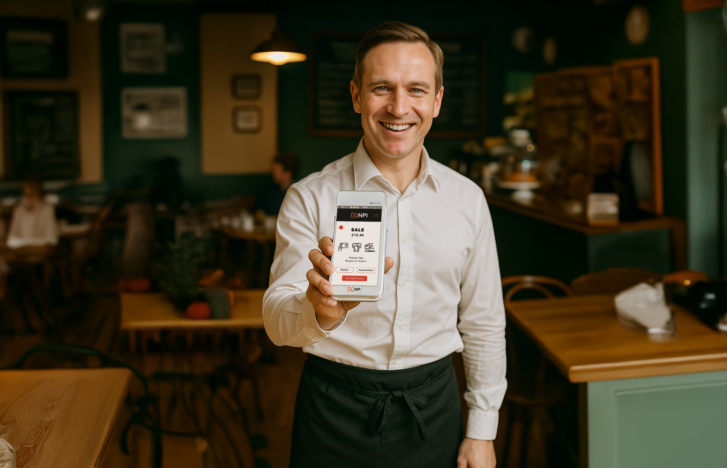 No contract card machines waiter holding PAX A920 PRO in British cafe environment