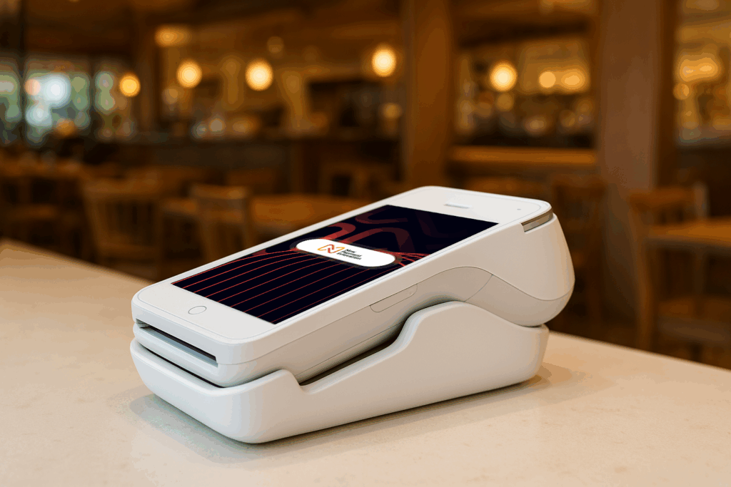 Person using PAX A920 PRO card machine on counter PAX card machine Ireland setup
