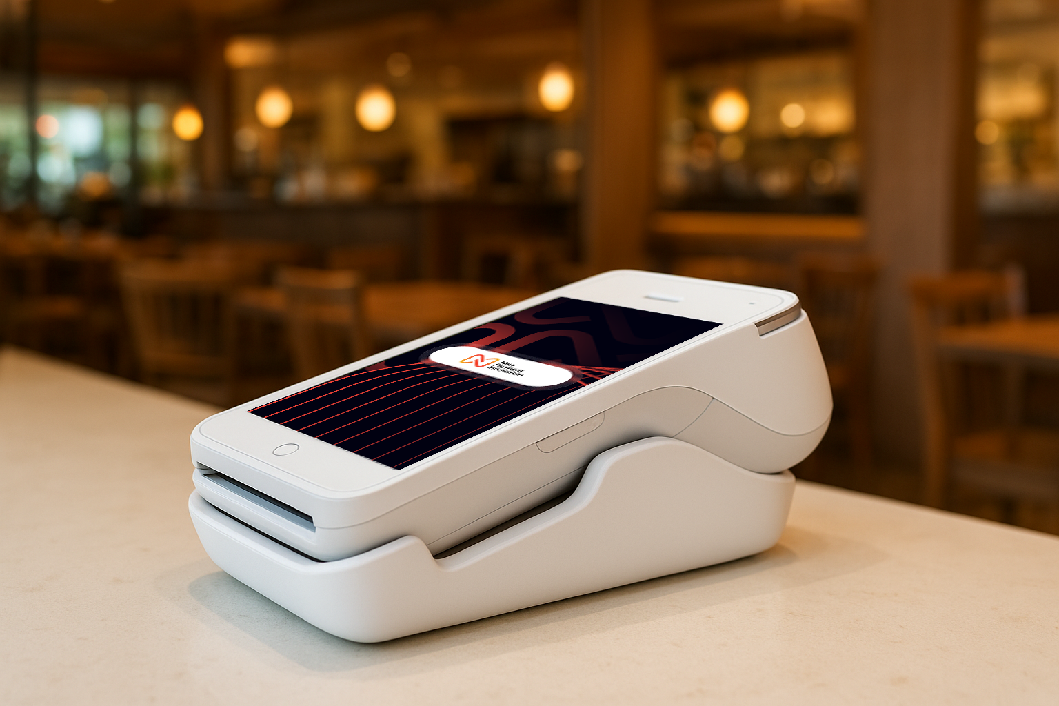 Person using PAX A920 PRO card machine on counter PAX card machine Ireland setup