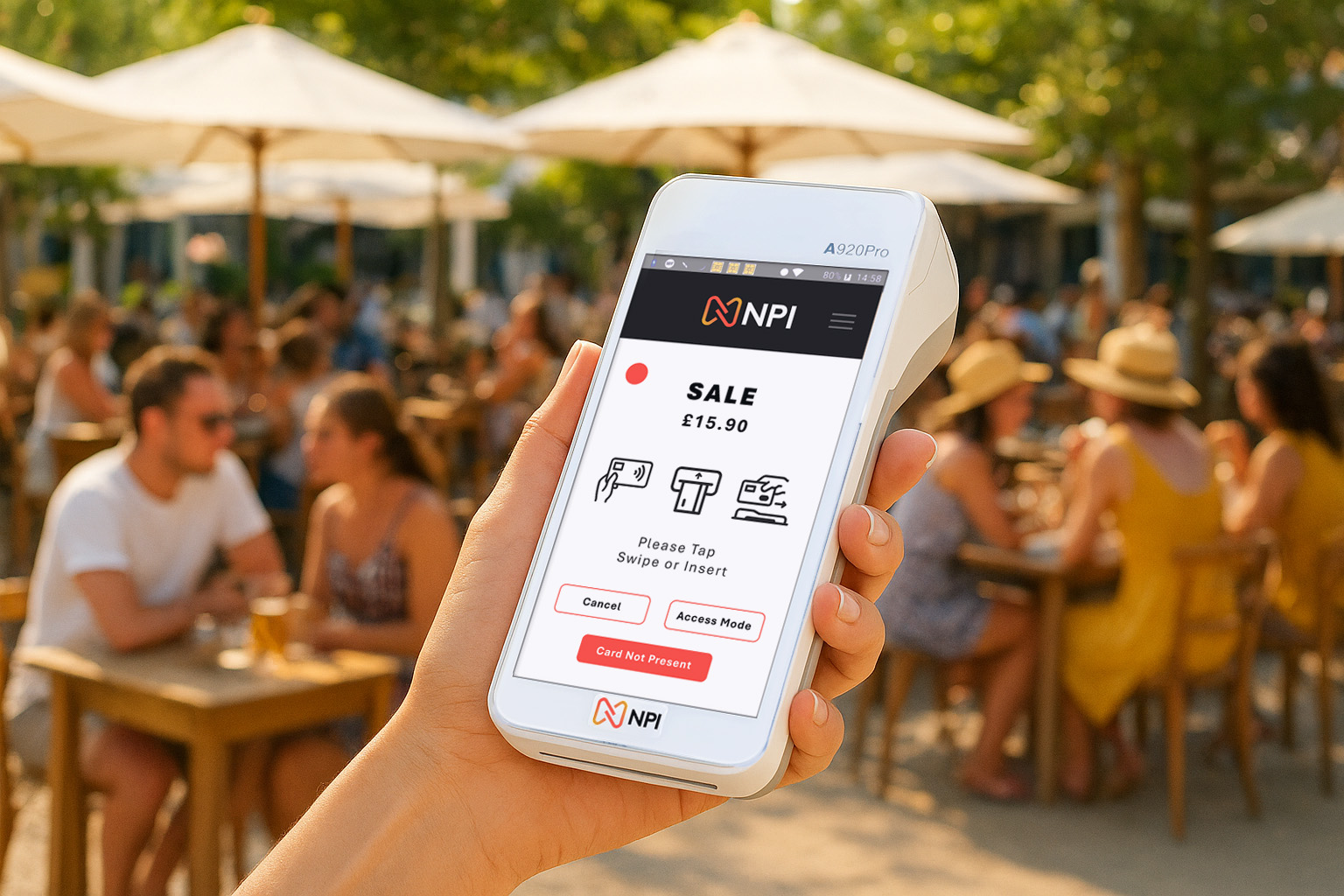 Waiter holding PAX A920 PRO payment terminal tourist season payments UK hospitality