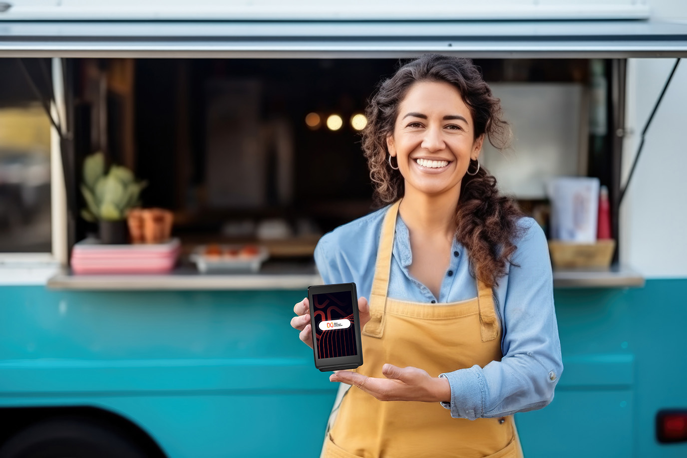 Card reader for market stalls UK person holding Castles S1 MINI 2 at food truck