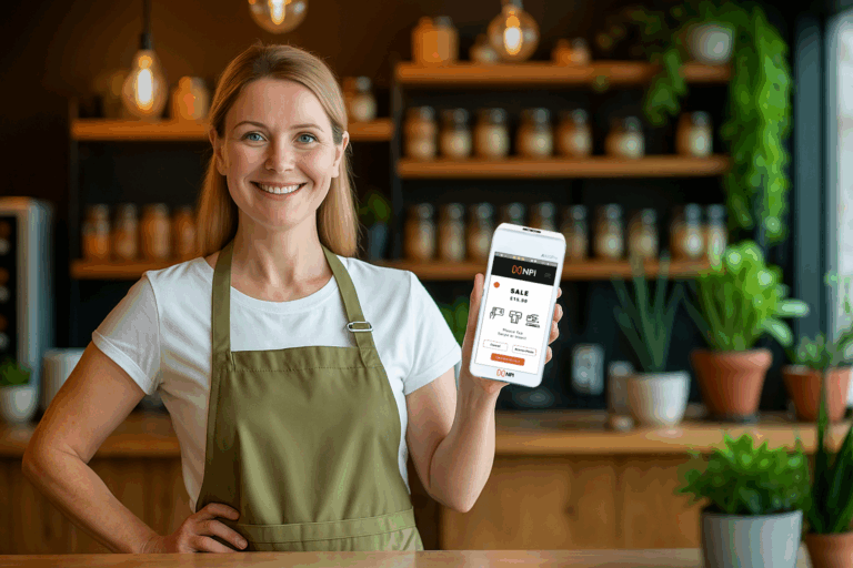 Small business owner using PAX A920 PRO card machine for customer payment processing