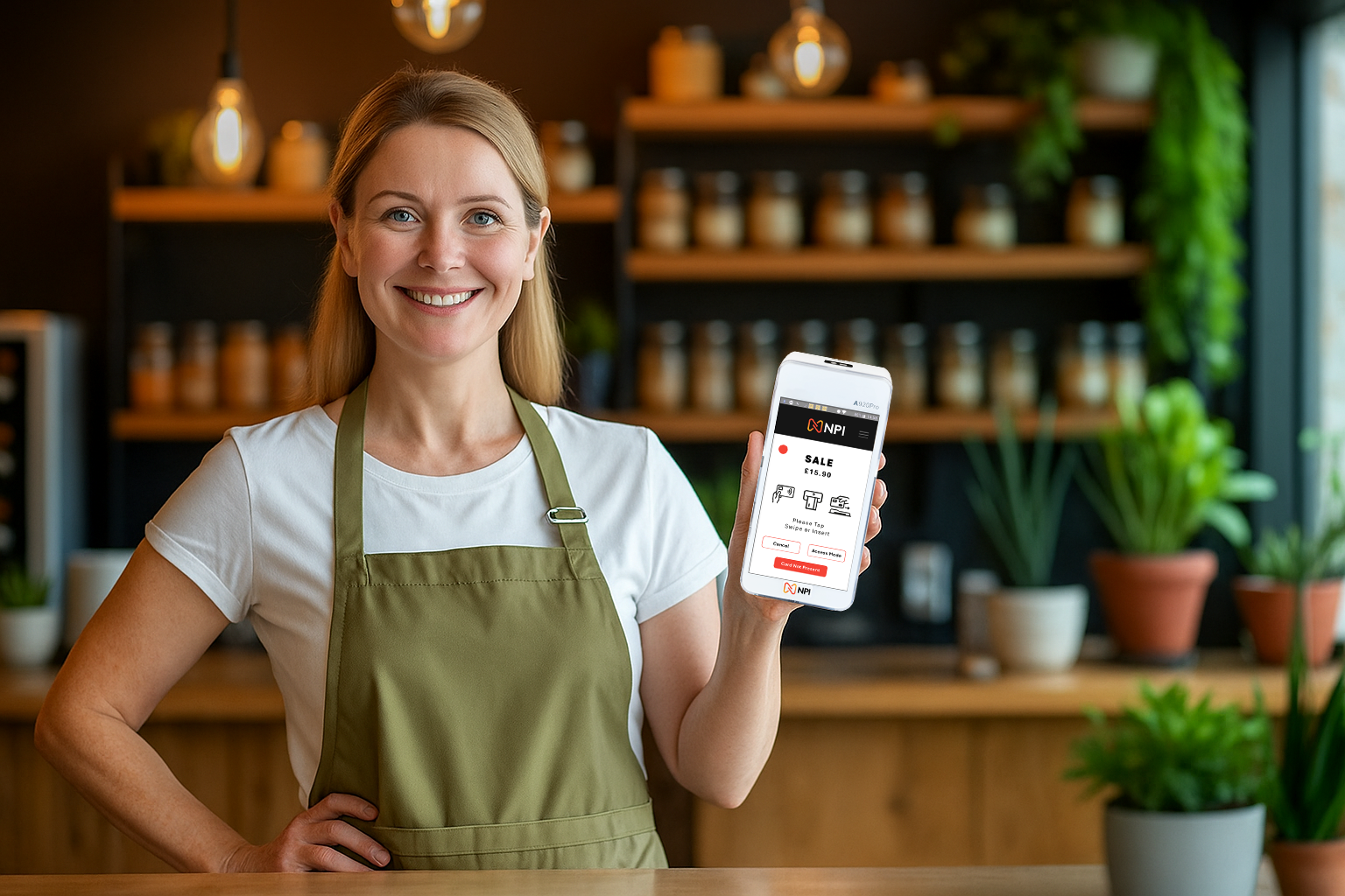 Small business owner using PAX A920 PRO card machine for customer payment processing