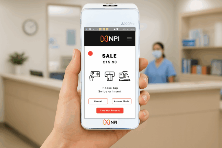 One hand holding PAX A920 PRO terminal while another hand taps credit card for healthcare payment solutions UK