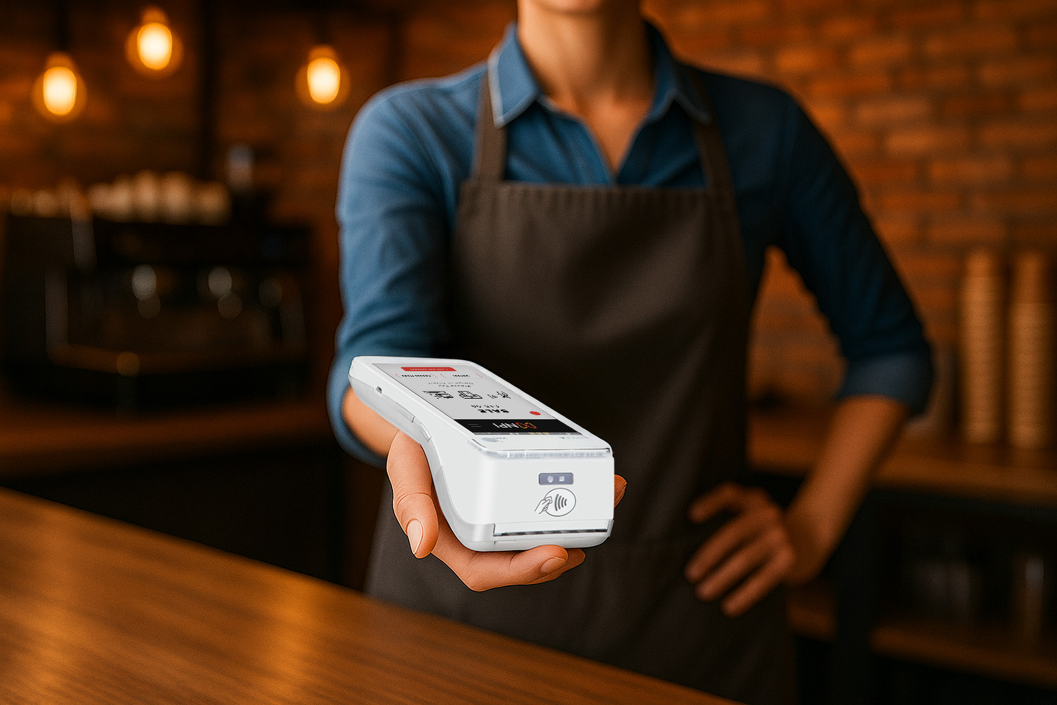 Waiter holding PAX A920 PRO payment terminal demonstrating subscription payments Ireland technology for hospitality recurring billing
