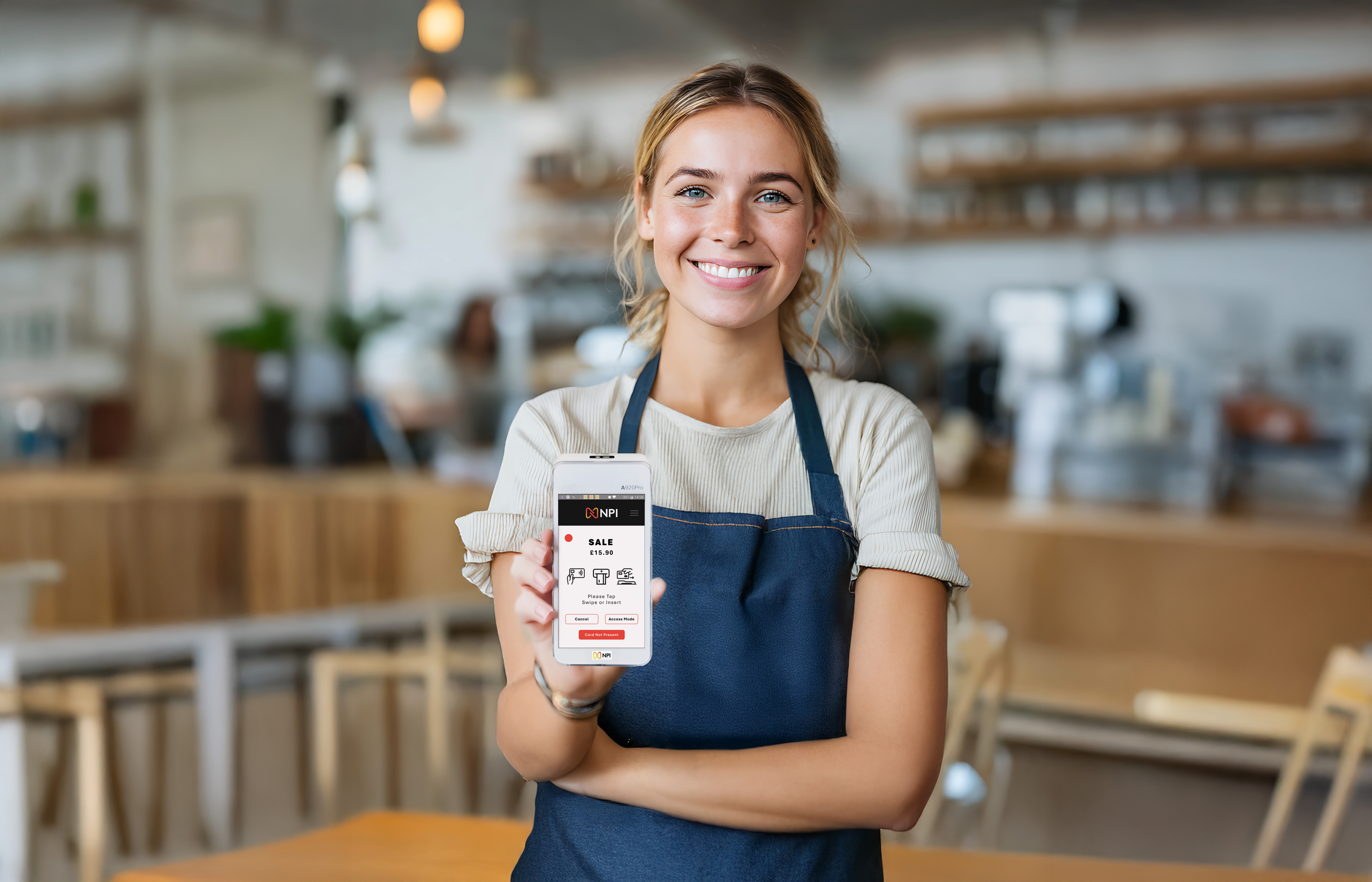 Female waiter holding PAX A920 PRO card machine switch payment provider UK hospitality