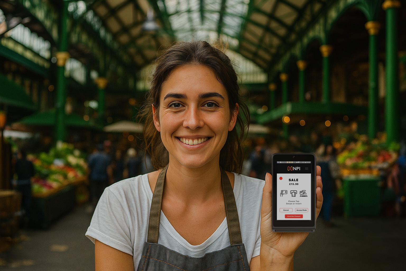 Market trader holding Castles S1 MINI2 mobile card reader at Borough Market London accepting contactless payment