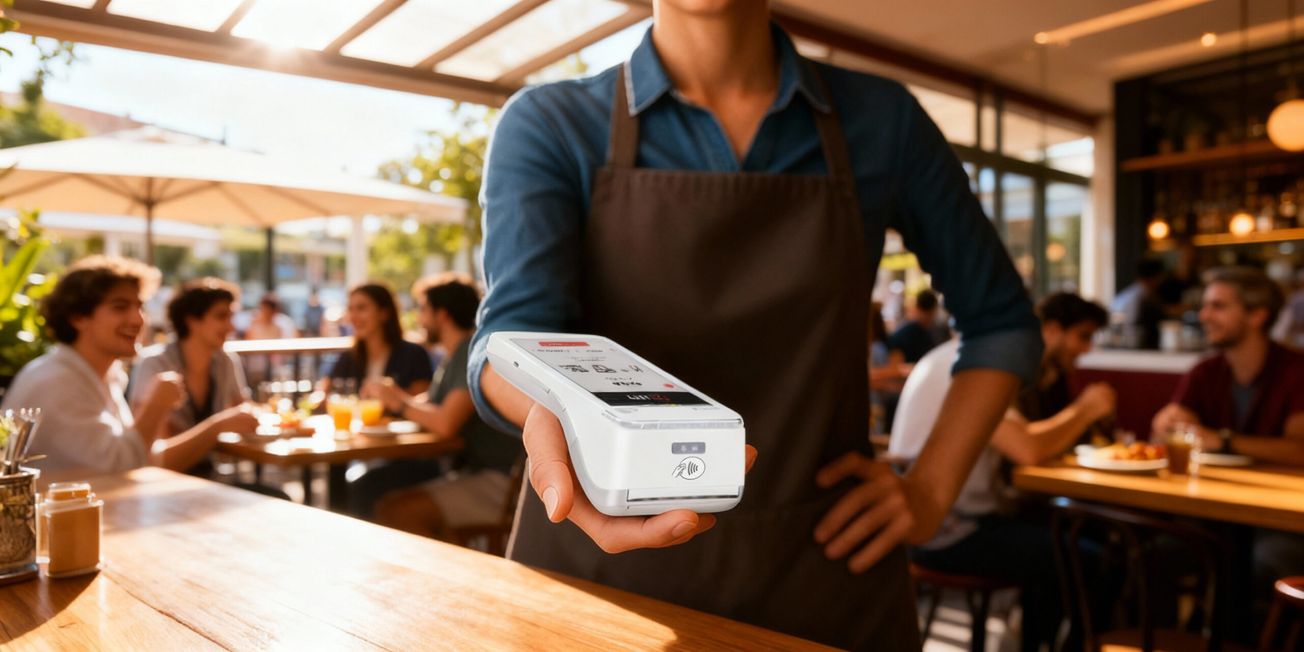 Waiter holding PAX A920 PRO card machine for secure payment processing in UK restaurant