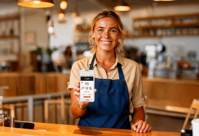 Waiter holding PAX A920 PRO payment terminal at restaurant counter accepting bank transfer payments UK