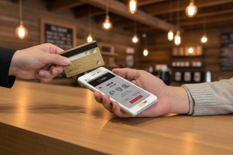 Customer making contactless payment using PAX A50 card machine for merchant services UK