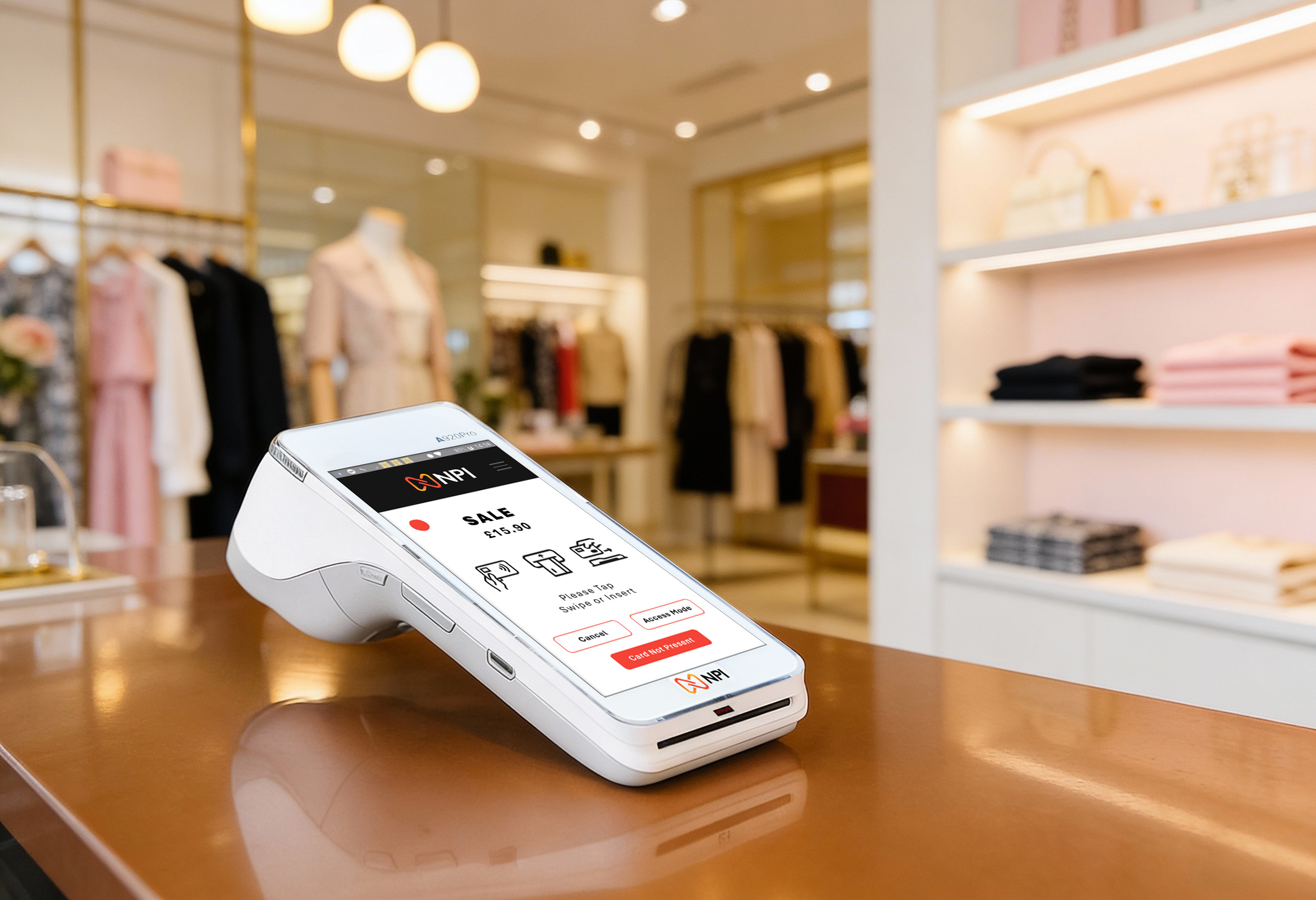 PAX A920 Pro card machine on a boutique retail counter