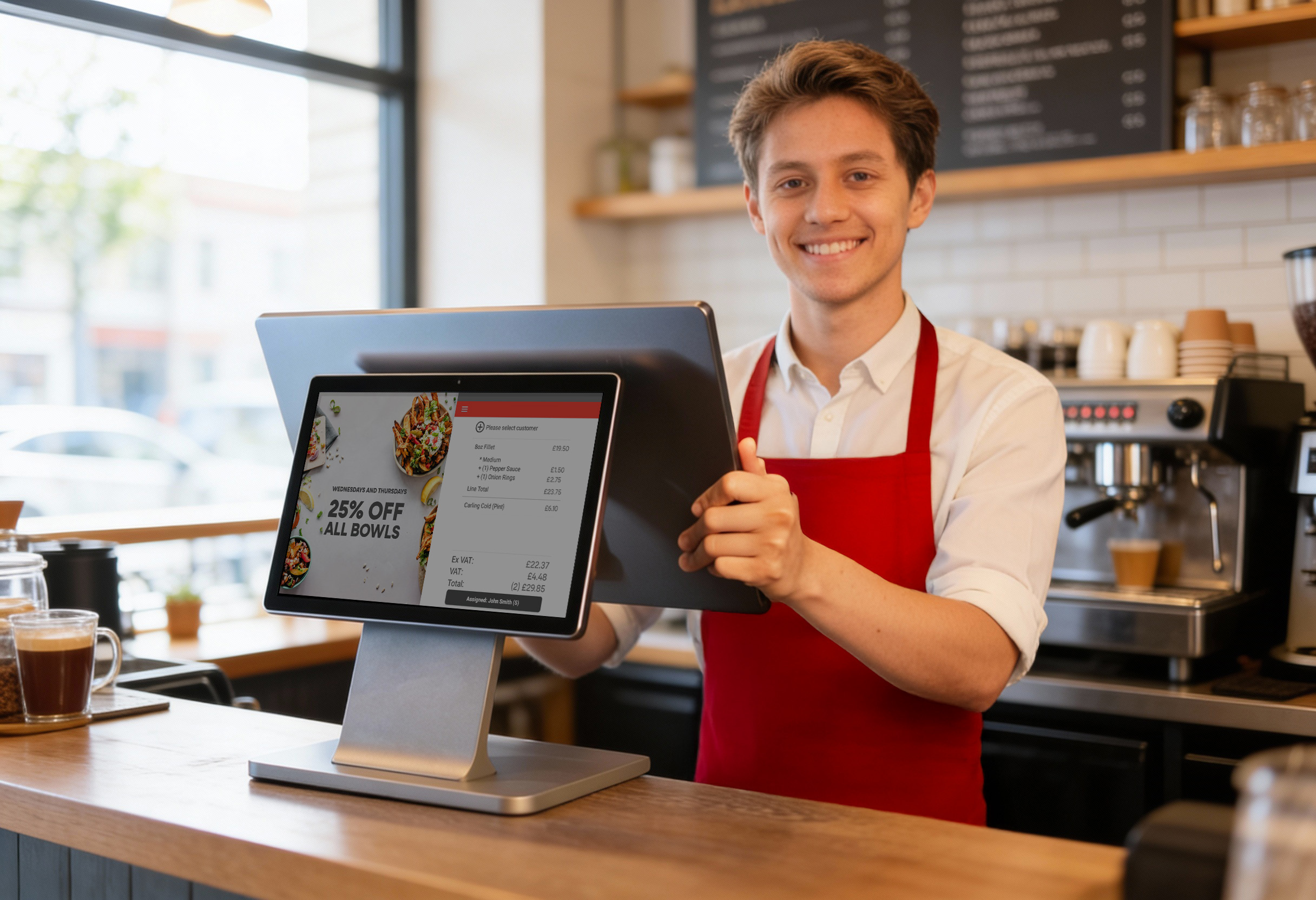 Waiter using a restaurant EPOS dual screen system in a UK hospitality venue