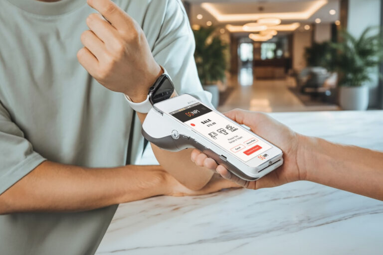 Customer making contactless payment on PAX A920 PRO card machine for startup payments UK small business