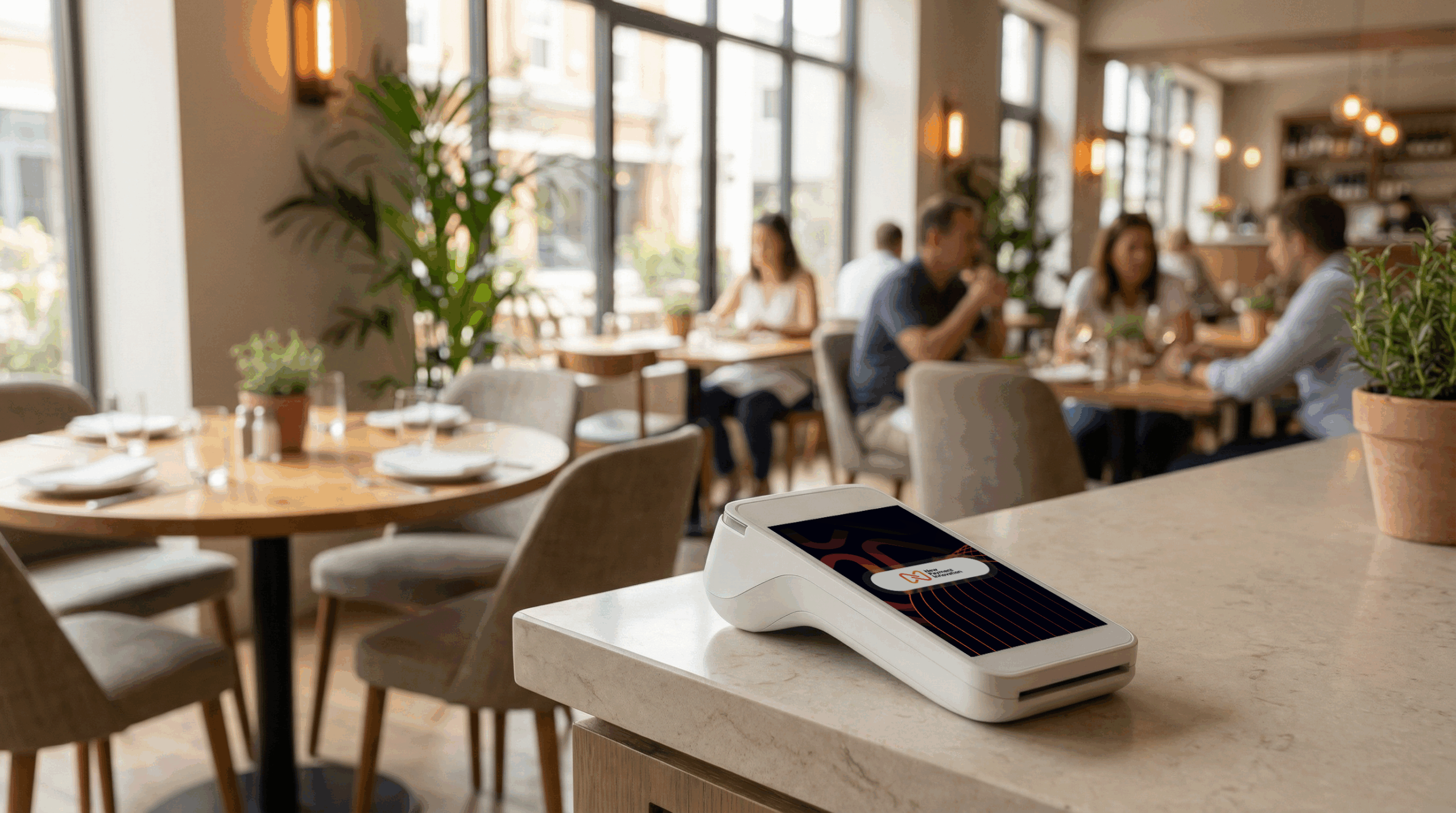 NPI PAX A920 Pro card machine on a restaurant counter as a Square UK alternative