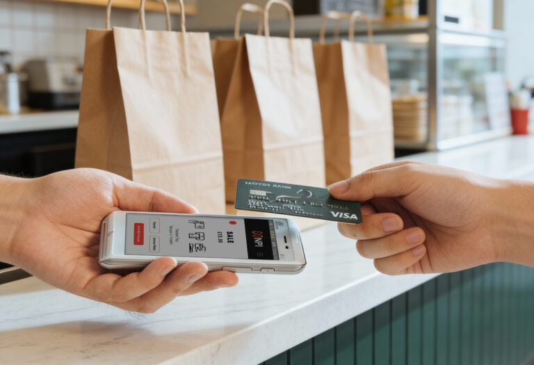 Customer making a contactless payment on a PAX A50 card machine in a UK retail store