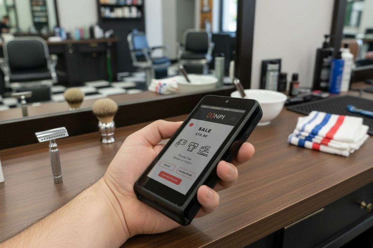 Barber holding a Castles S1 Mini portable card machine ready to take payment